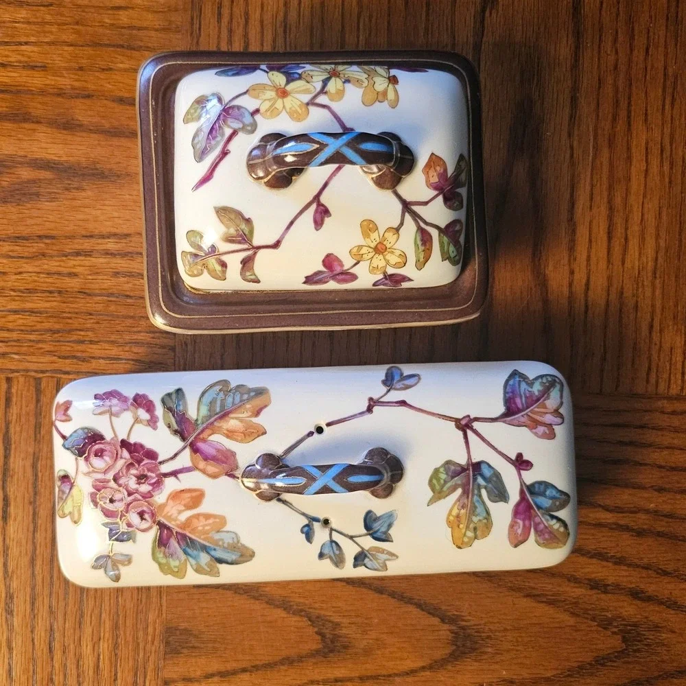 Floral Ceramic Vanity Set Trinket Box and Soap Dish Gold Trim Botanical Decor